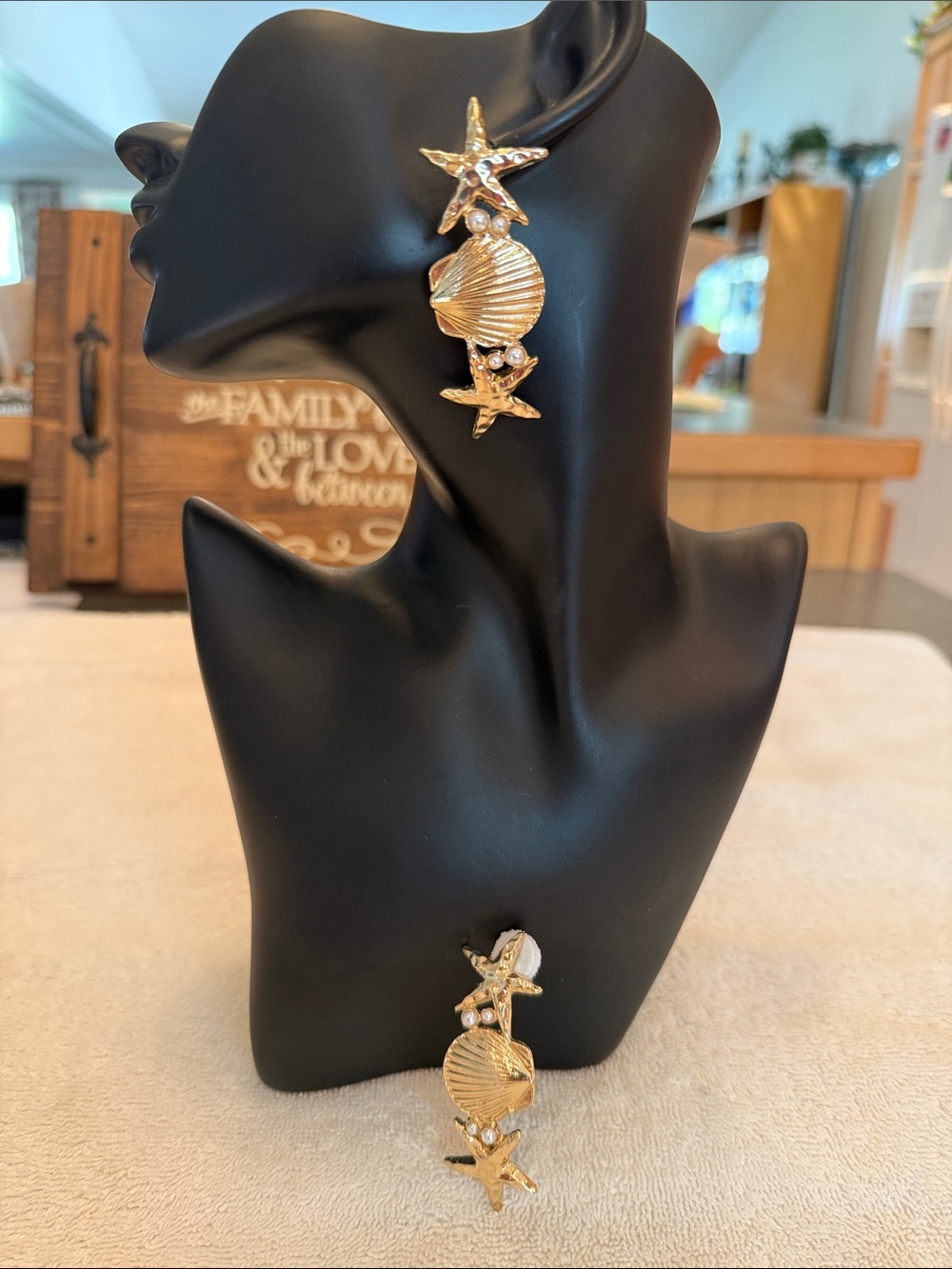 Gold Seashell & Starfish Drop Earrings with Pearls